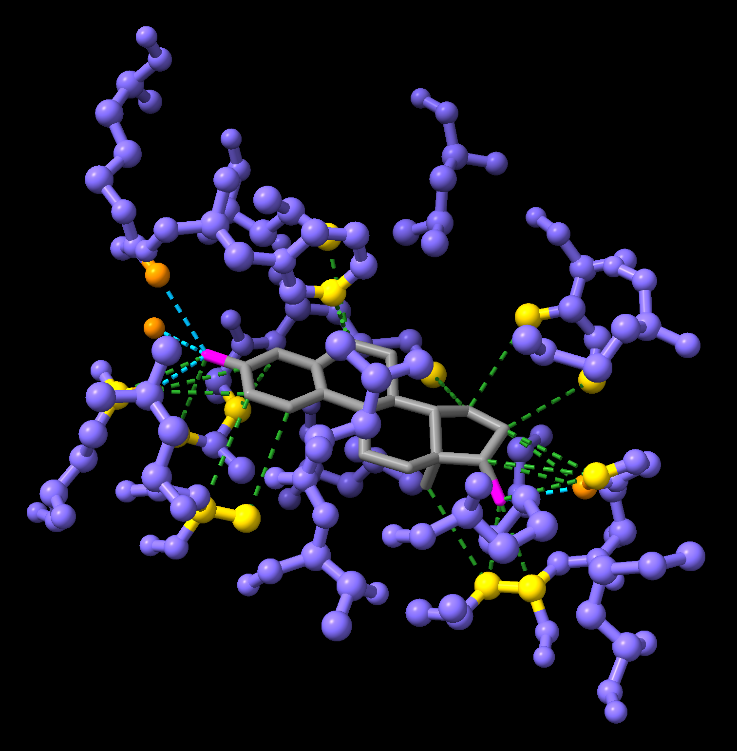 Zoomed-in view of the oestrogen molecule bound to the oestrogen receptor. Atoms in orange are involved in hydrogen bonds (cyan lines); atoms in yellow are involved in other contacts (green lines).