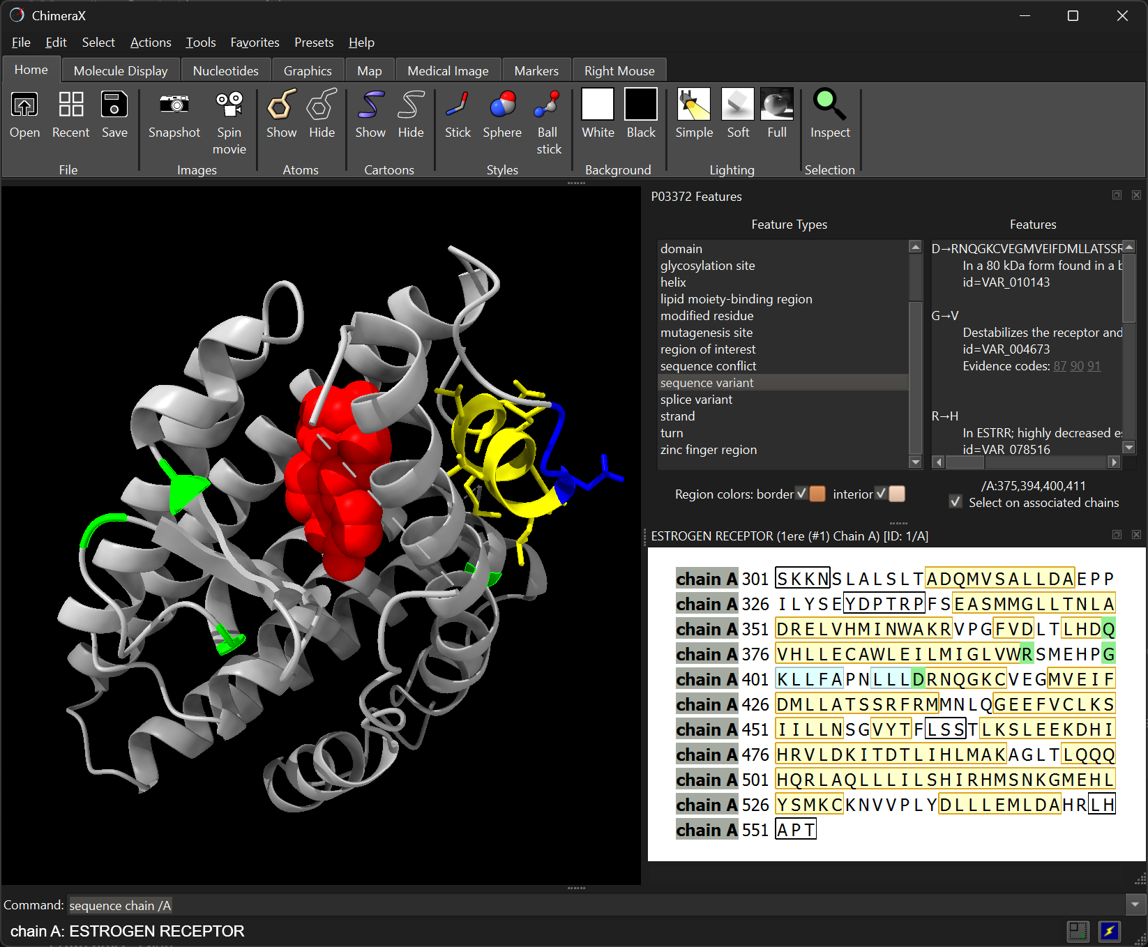 ChimeraX snapshot of 1ERE structure with UniProt annotations panel shown on the right. In this example, we have selected “sequence variants”, which become highlighted in green in the structure, as well as the sequence viewer (bottom-right)
