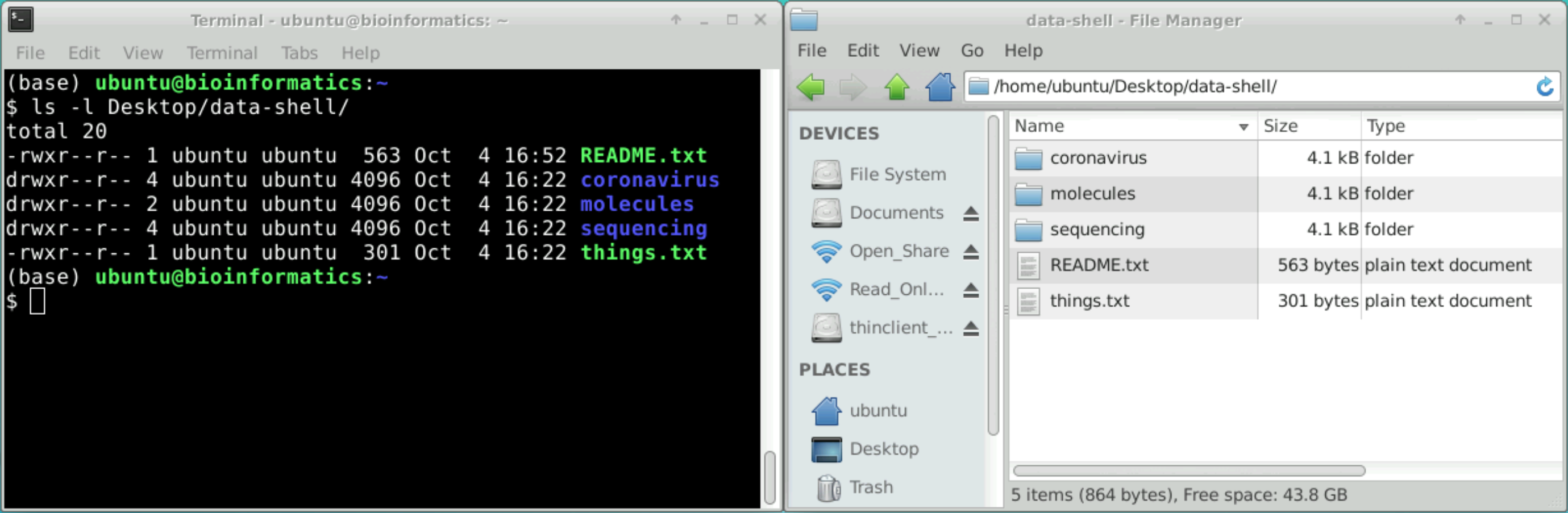Screenshots of a terminal and the file explorer both displaying the same files and folders on an example directory