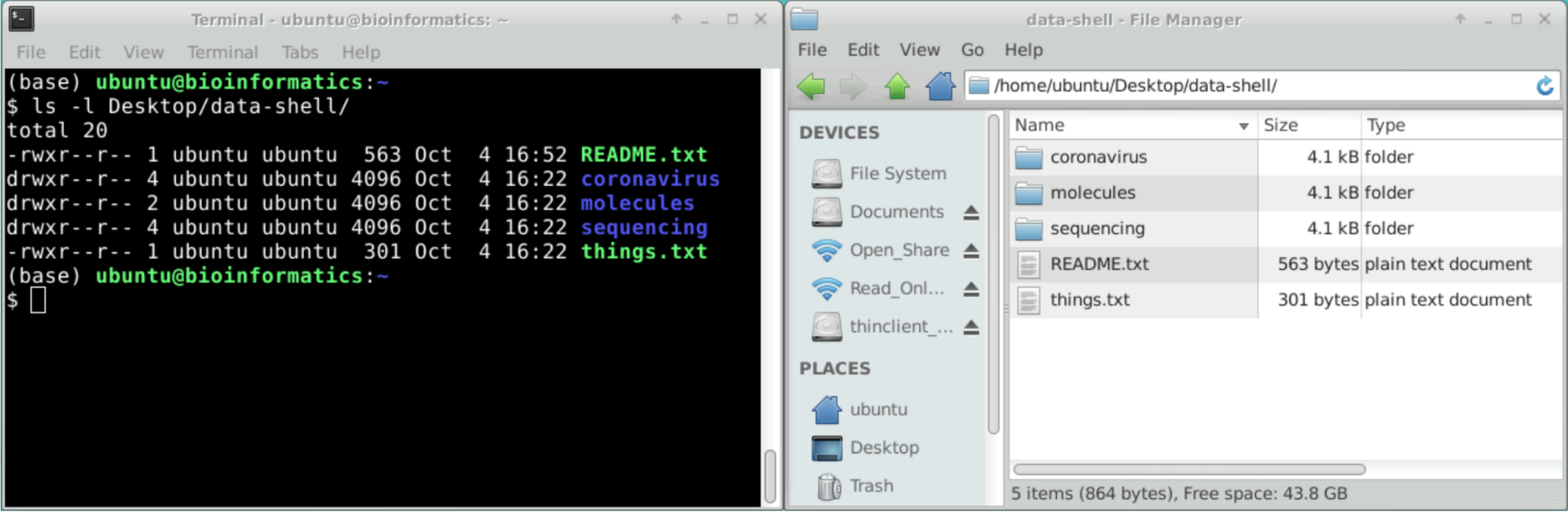 Screenshots of a terminal and the file explorer both displaying the same files and folders on an example directory